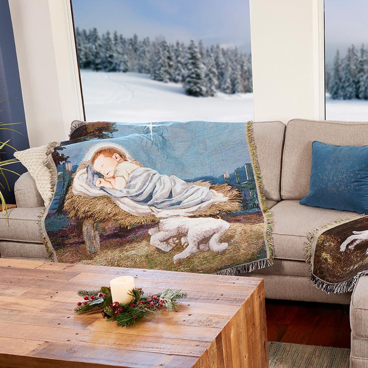 Baby Jesus with Lamb Nativity Tapestry Throw Blanket