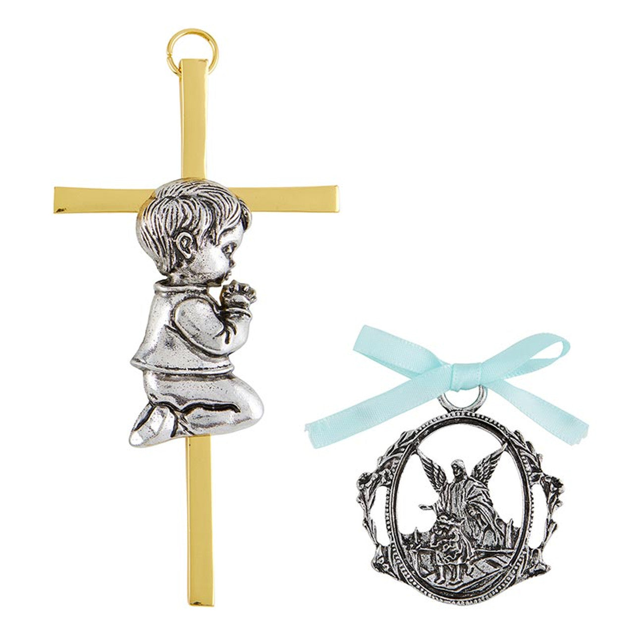 Boy Cross with Guardian Angel Crib Medal Set