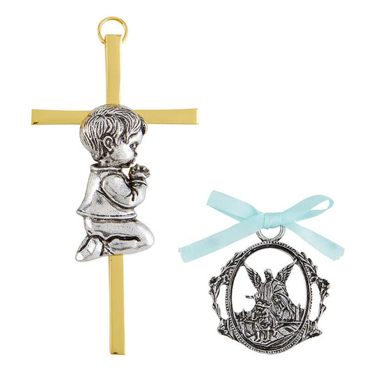 Boy Cross with Guardian Angel Crib Medal Set