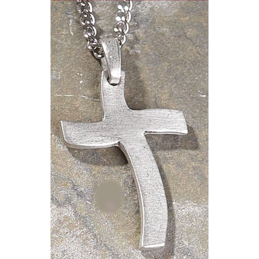 Bright Cut Pewter Curved Cross Necklace