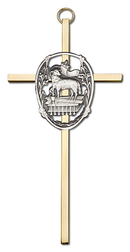 6 inch Antique Silver Lamb of God on a Polished Brass Cross