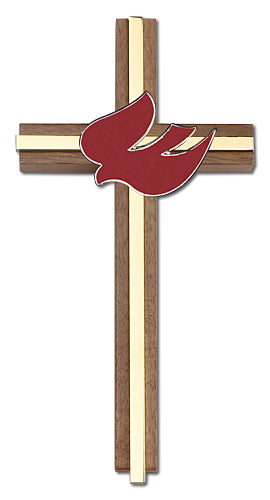 6 inch Red Enameled Holy Spirit Cross, Walnut w/ Polished Silver Finish inlay