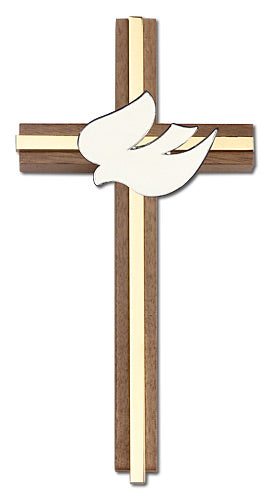 6 inch White Enameled Holy Spirit Cross, Walnut w/ Polished Silver Finish inlay